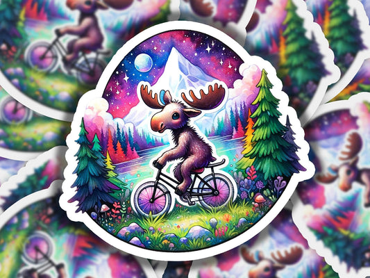 a moose riding a bicycle with trees and mountains in the background