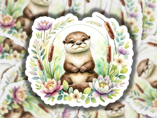 a watercolor painting of a otter surrounded by flowers