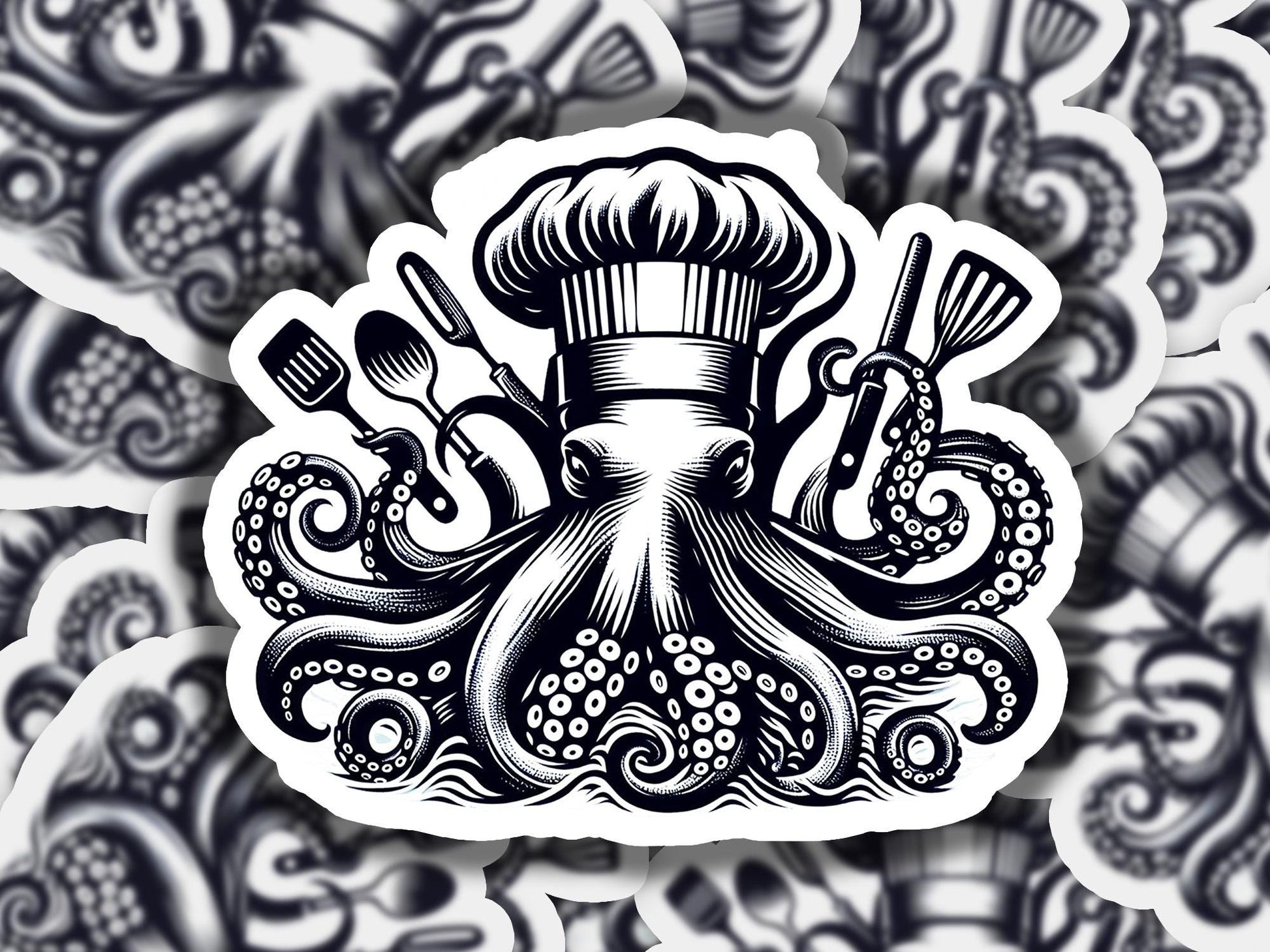 an octopus with a chef's hat and cooking utensils