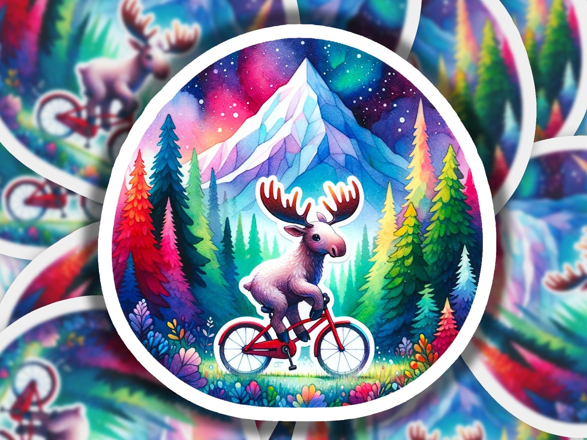 a painting of a moose riding a bicycle