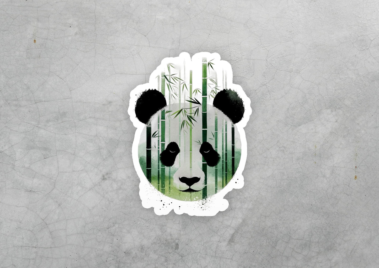 a sticker of a panda bear with bamboo trees in the background