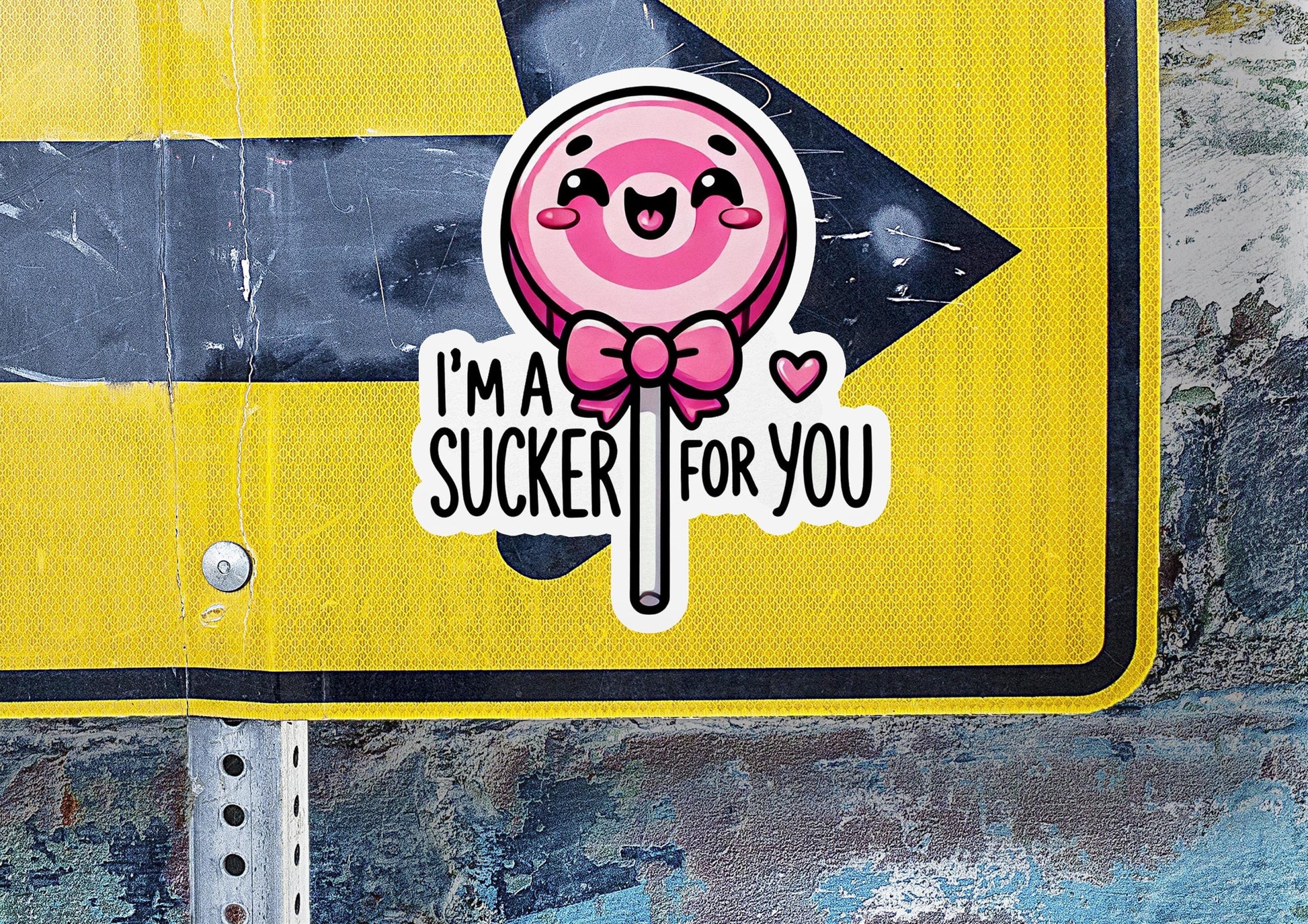 a street sign with a sticker of a lollipop on it
