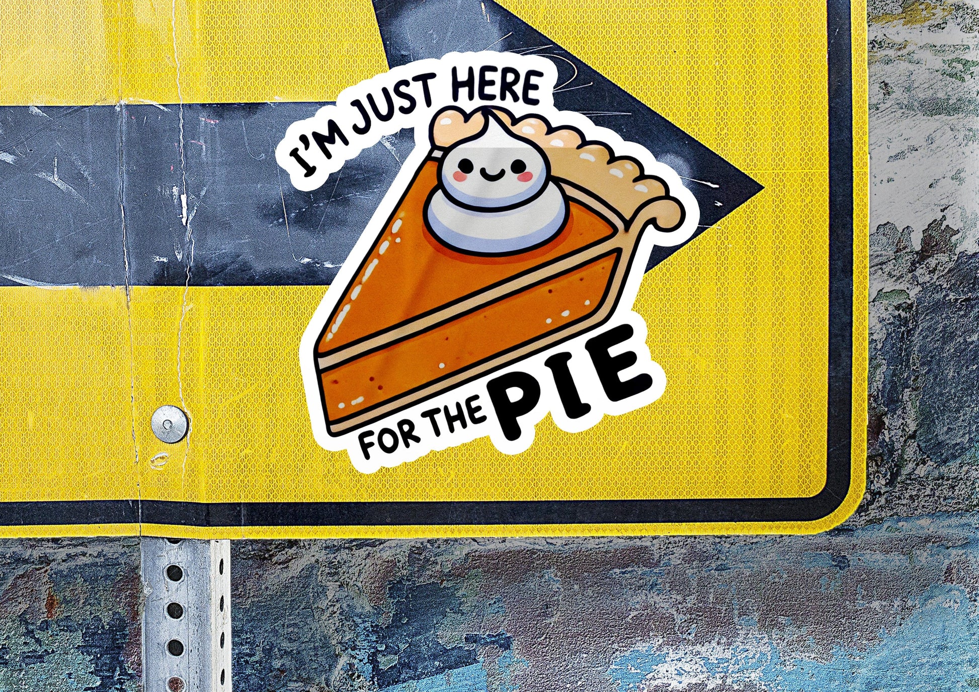 a street sign with a piece of pie on it