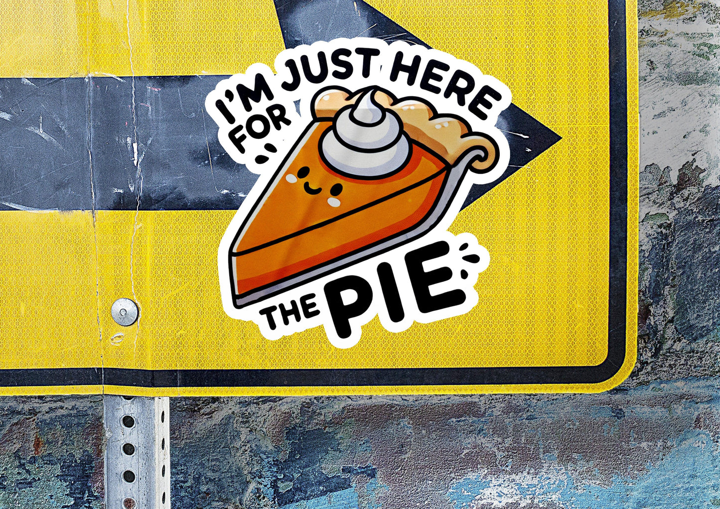 a street sign with a piece of pie on it