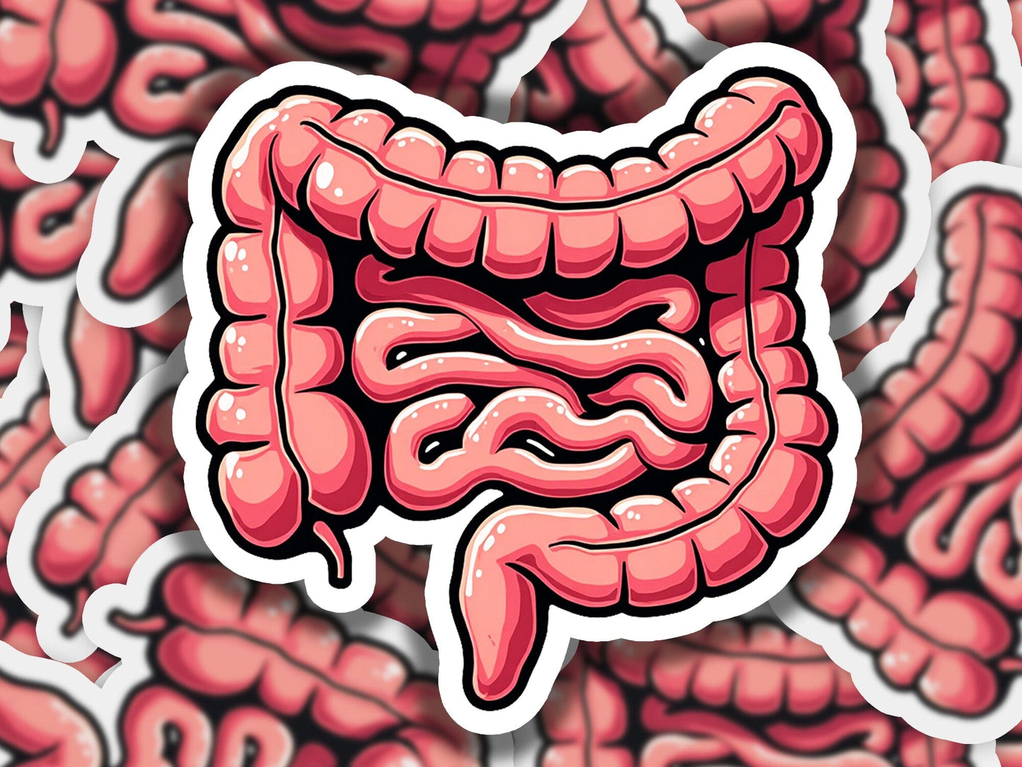a sticker of a intestive in the shape of a stomach