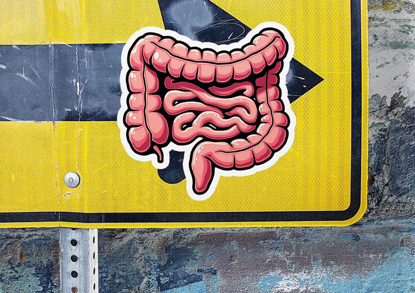a yellow sign with a picture of a stomach on it