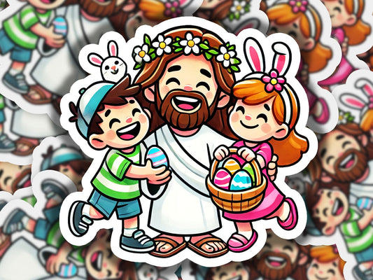 a sticker of jesus with two children