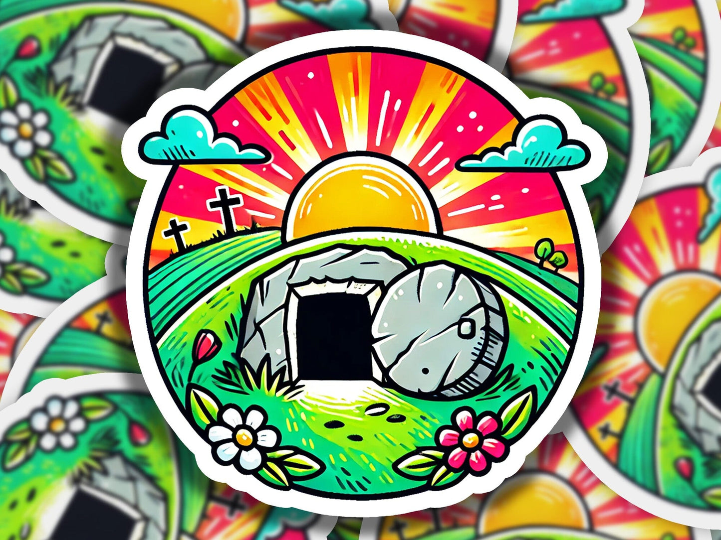 a sticker with a picture of a rock in a field