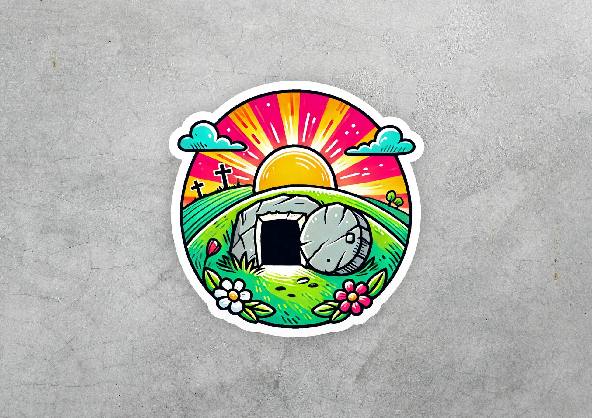 a sticker with a picture of a rock in a field