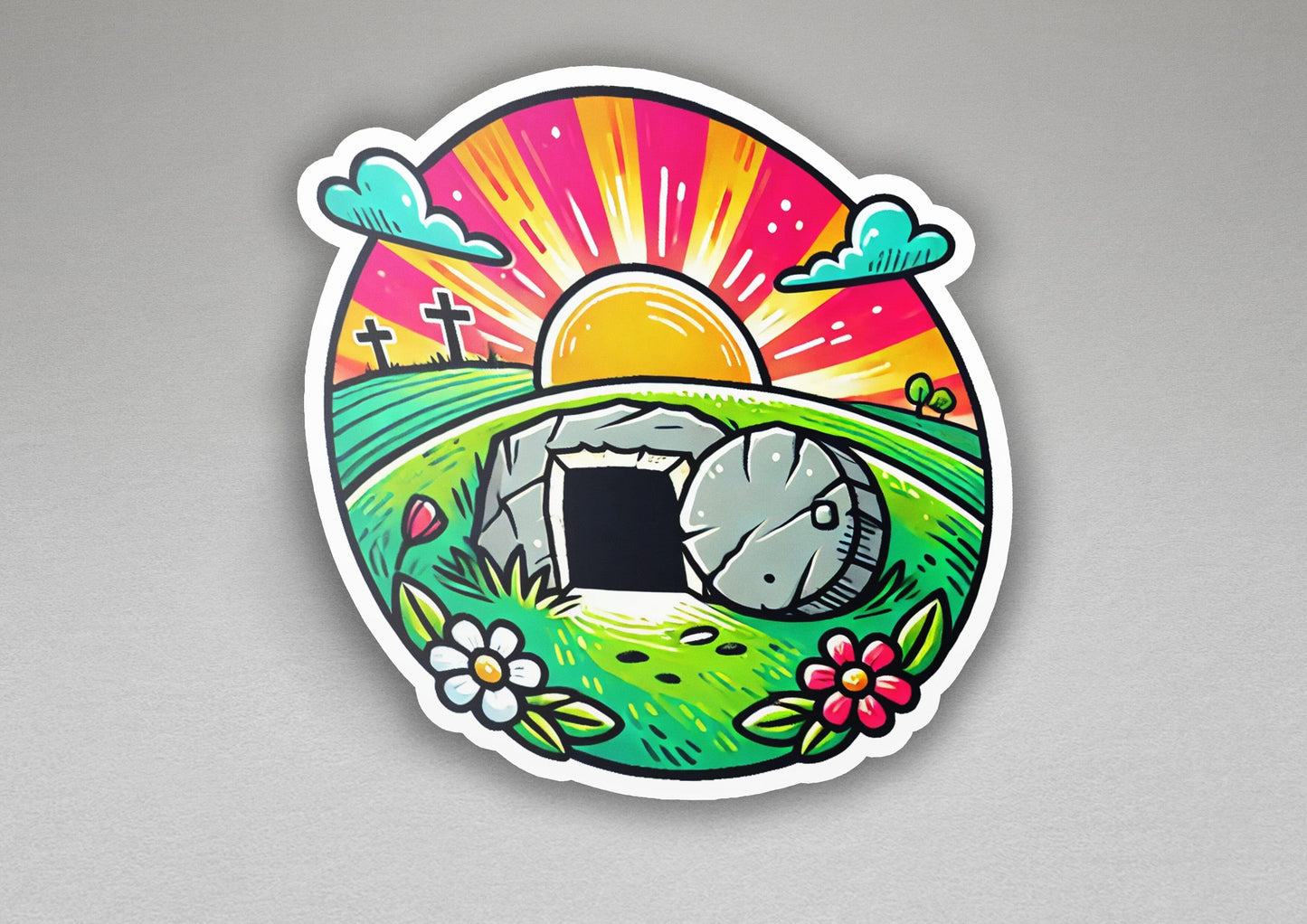 a sticker with a picture of a rock in a field