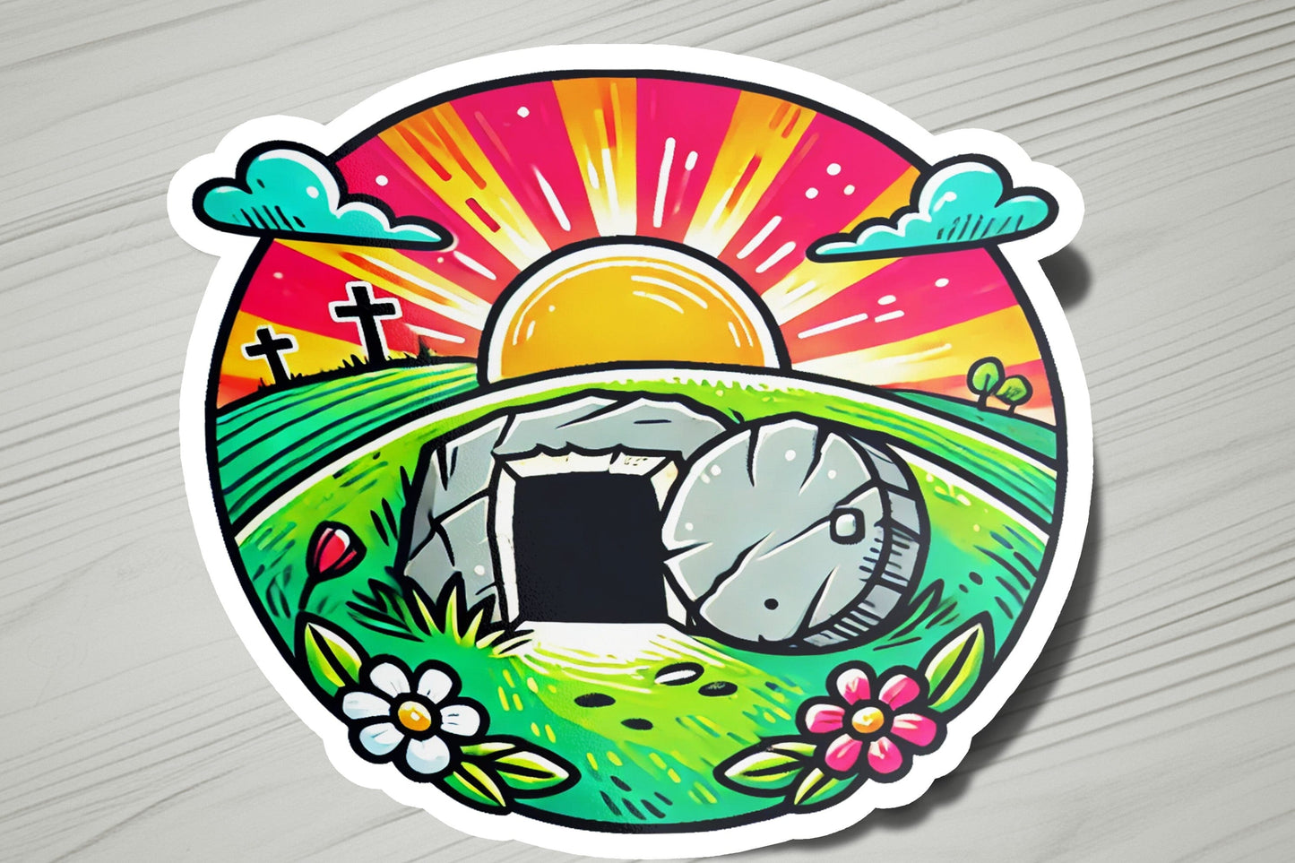 a sticker with a picture of a rock in a field
