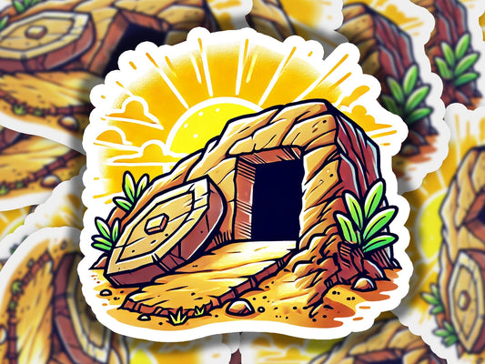 a sticker of a cave in the desert