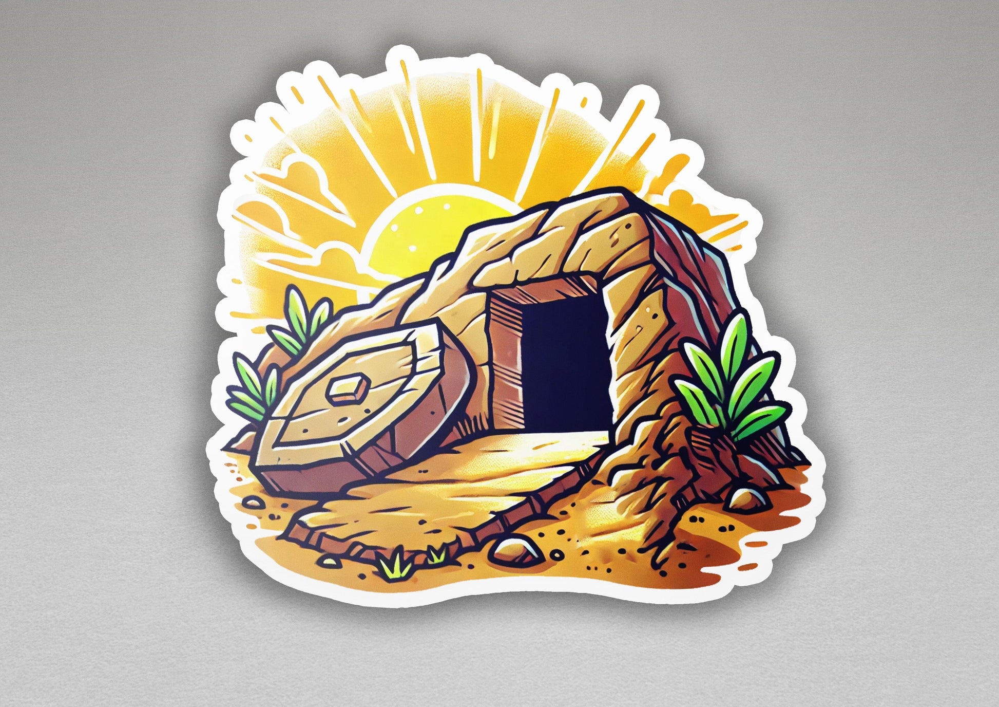 a sticker of a cave in the desert