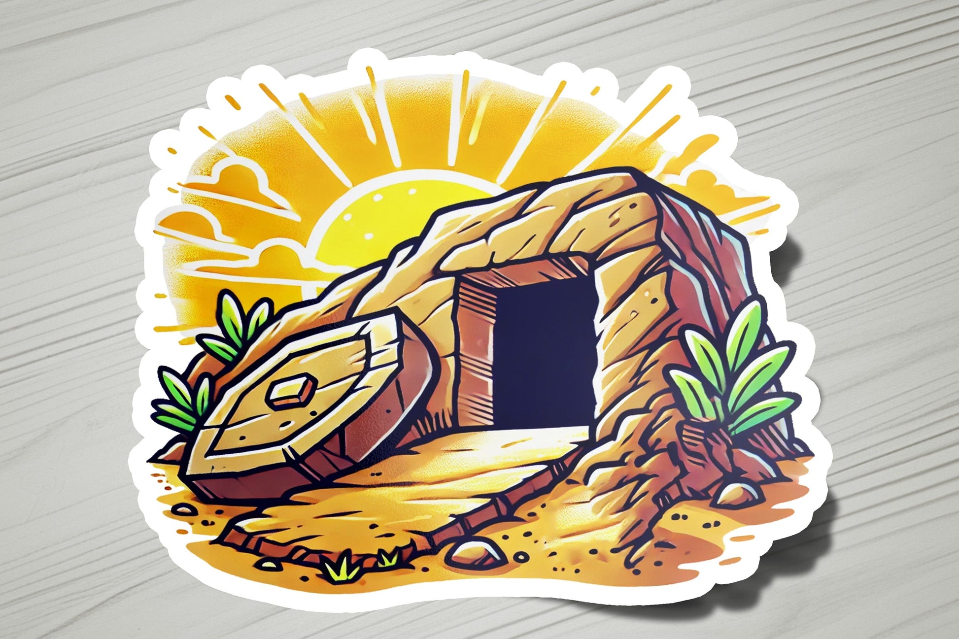 a sticker of a cave in the desert