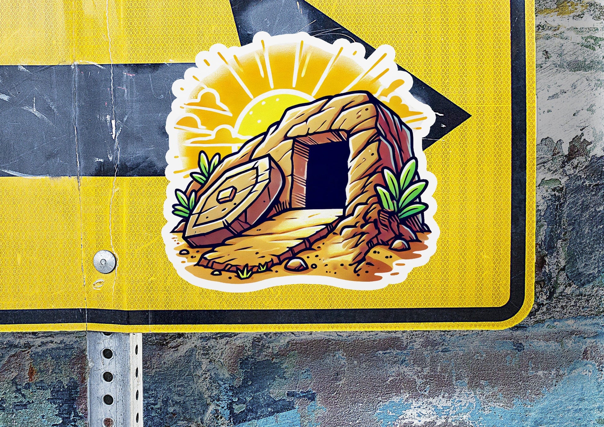 a sticker of a cave on a yellow and black sign