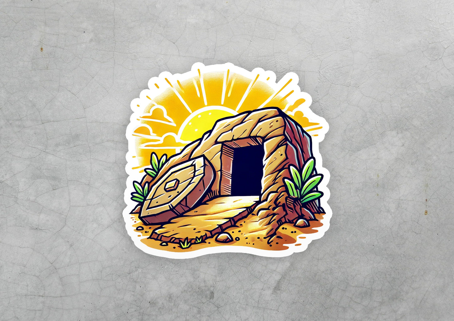 a sticker of a cave in the desert