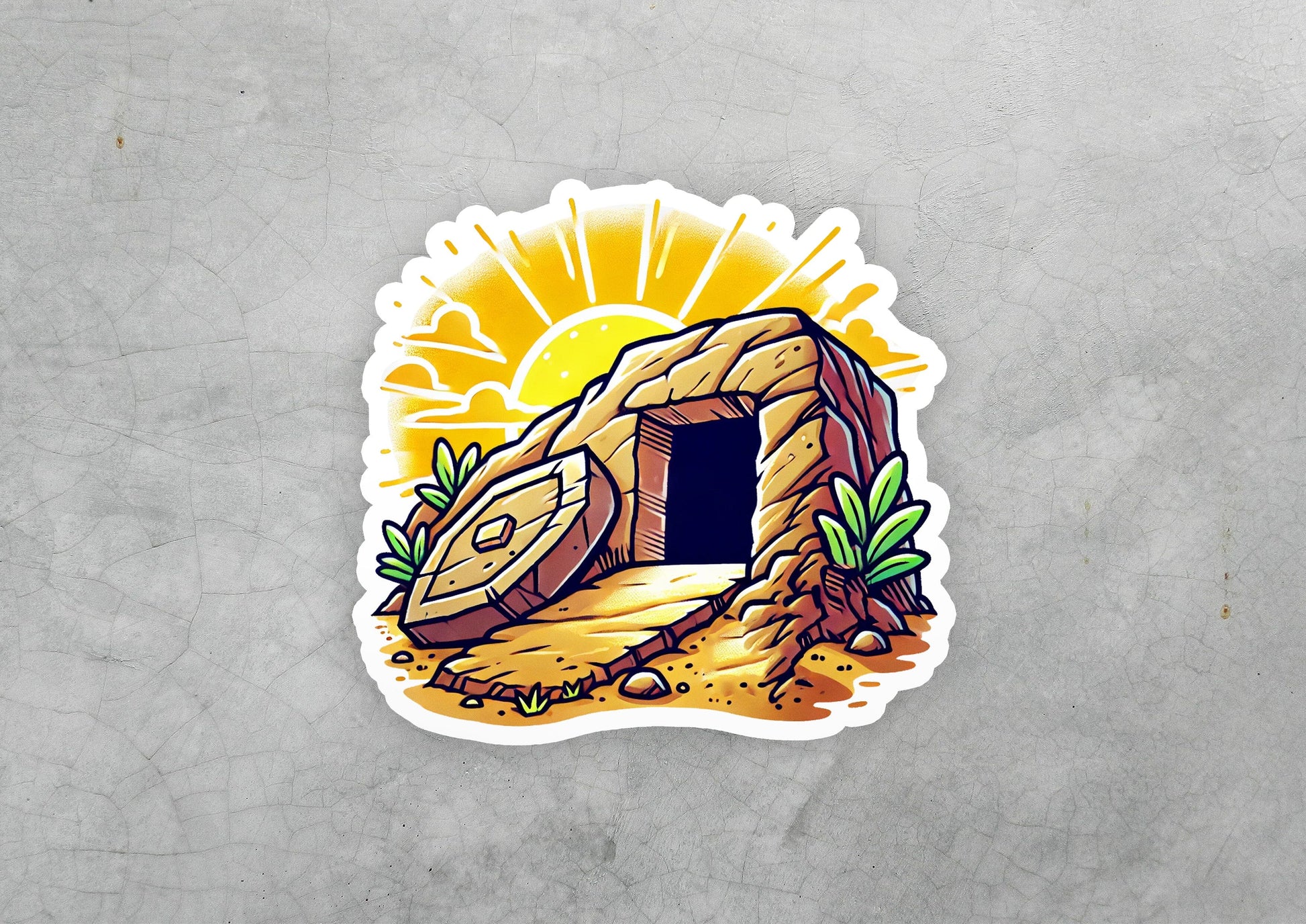 a sticker of a cave in the desert