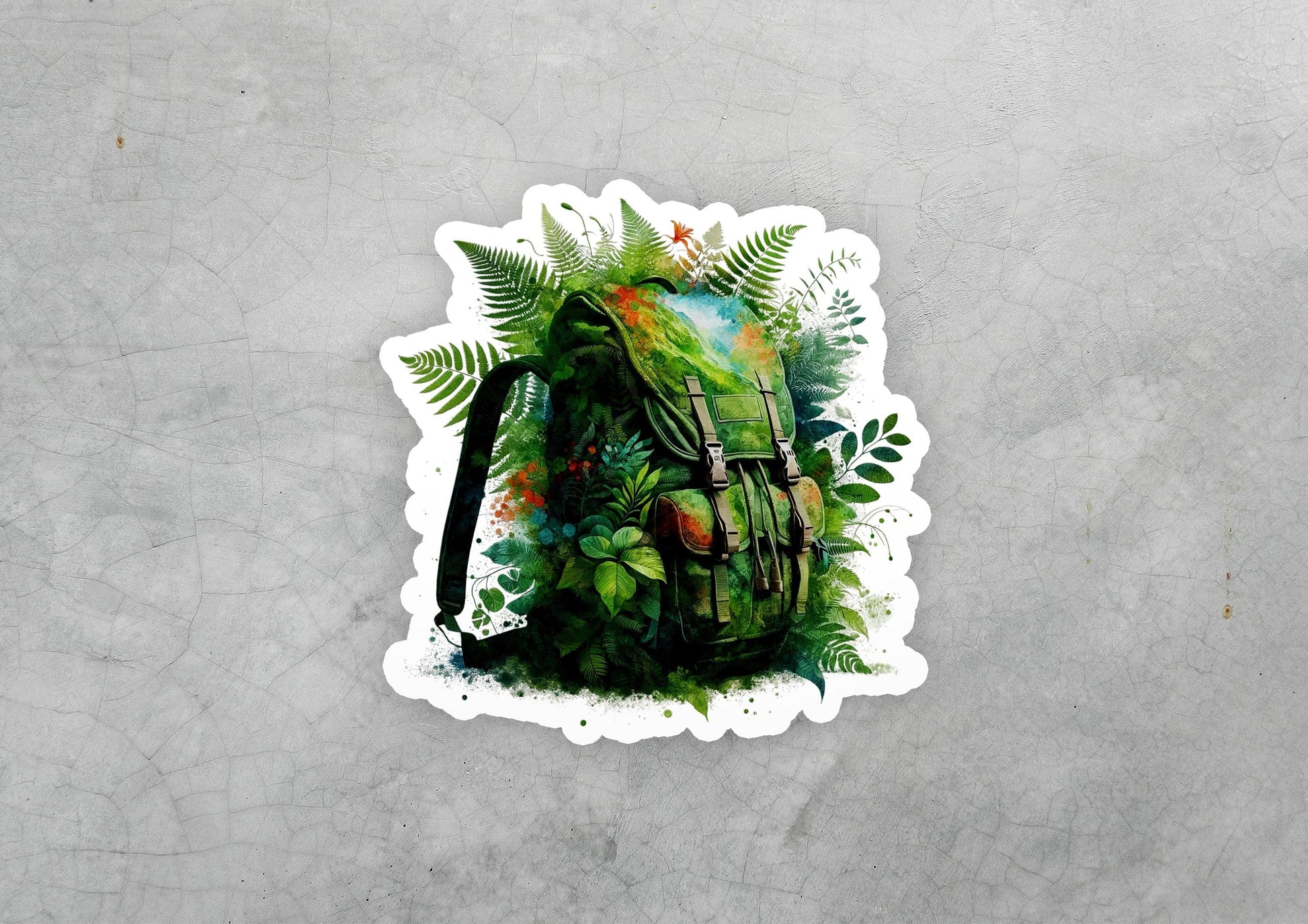 a sticker of a backpack with leaves on it
