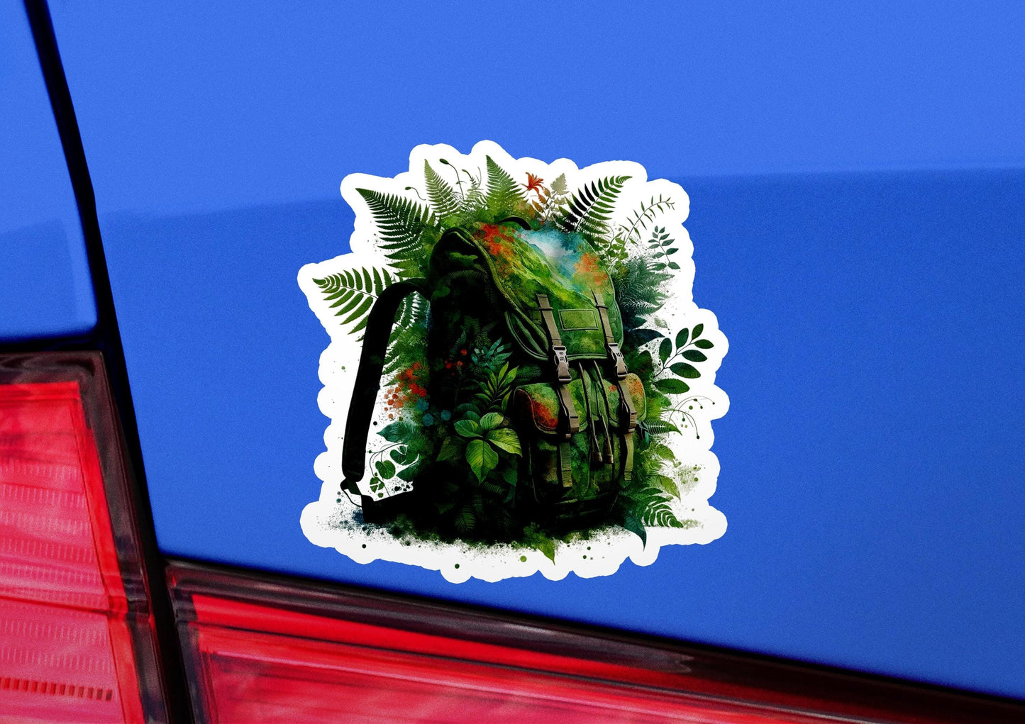 a sticker of a backpack on the back of a car