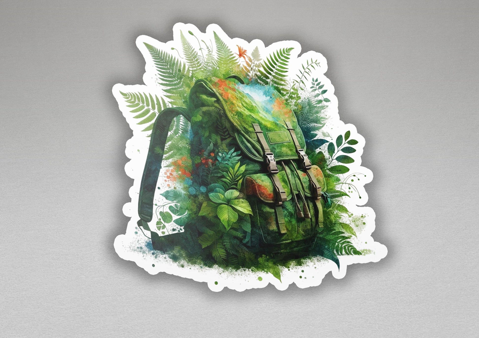 a sticker of a backpack with leaves on it