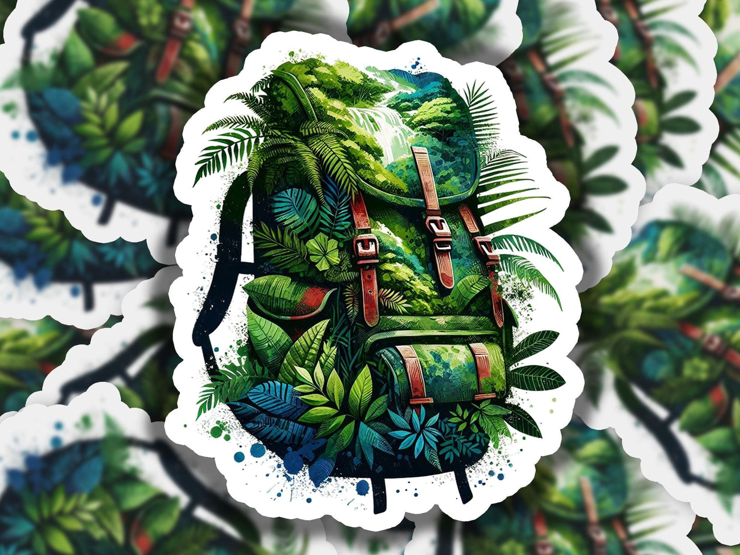 a sticker of a backpack with tropical leaves on it