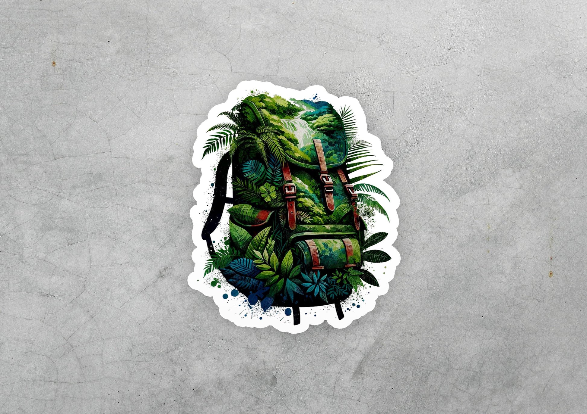 a sticker of a backpack with plants on it