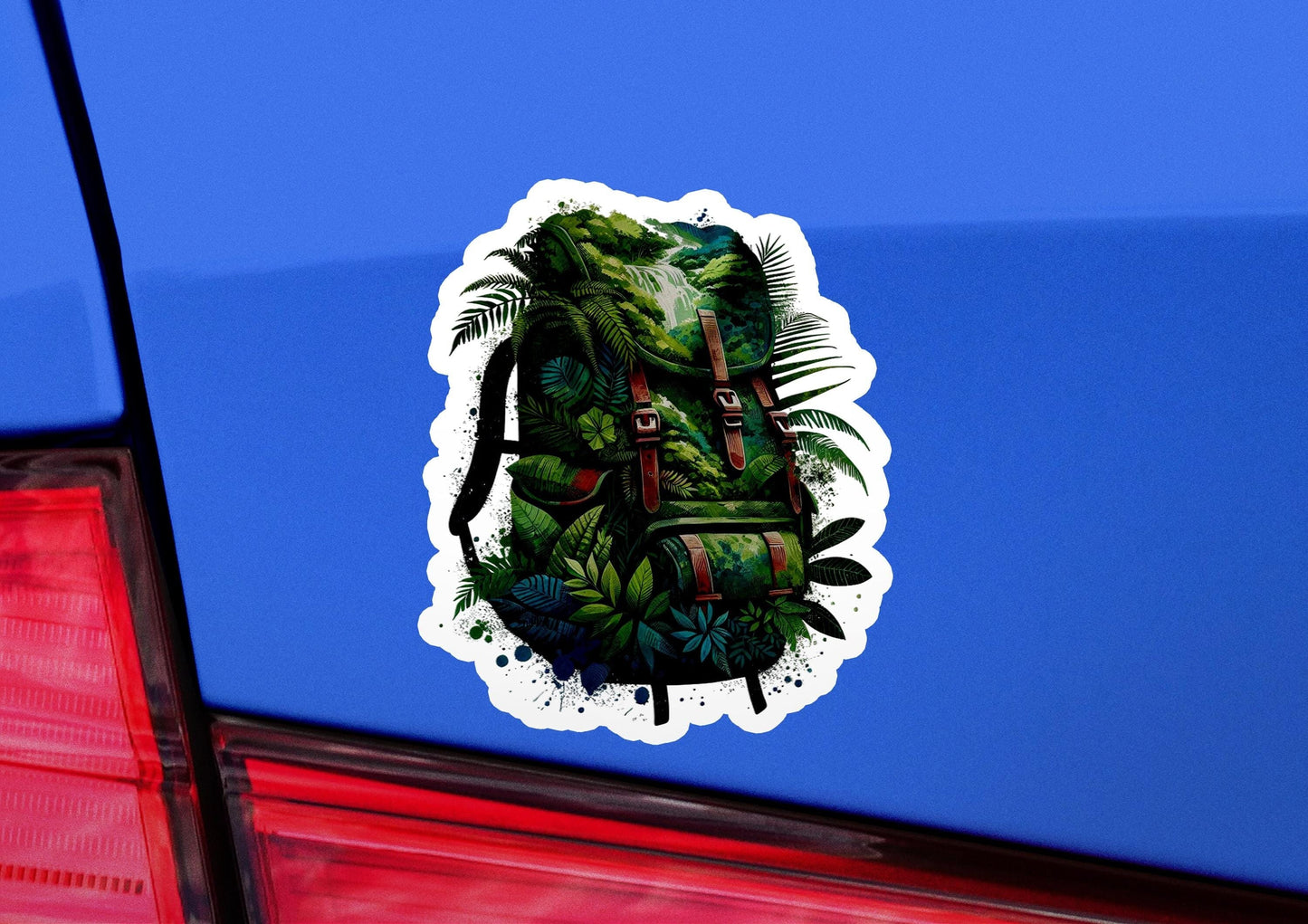 a sticker of a backpack on the back of a car
