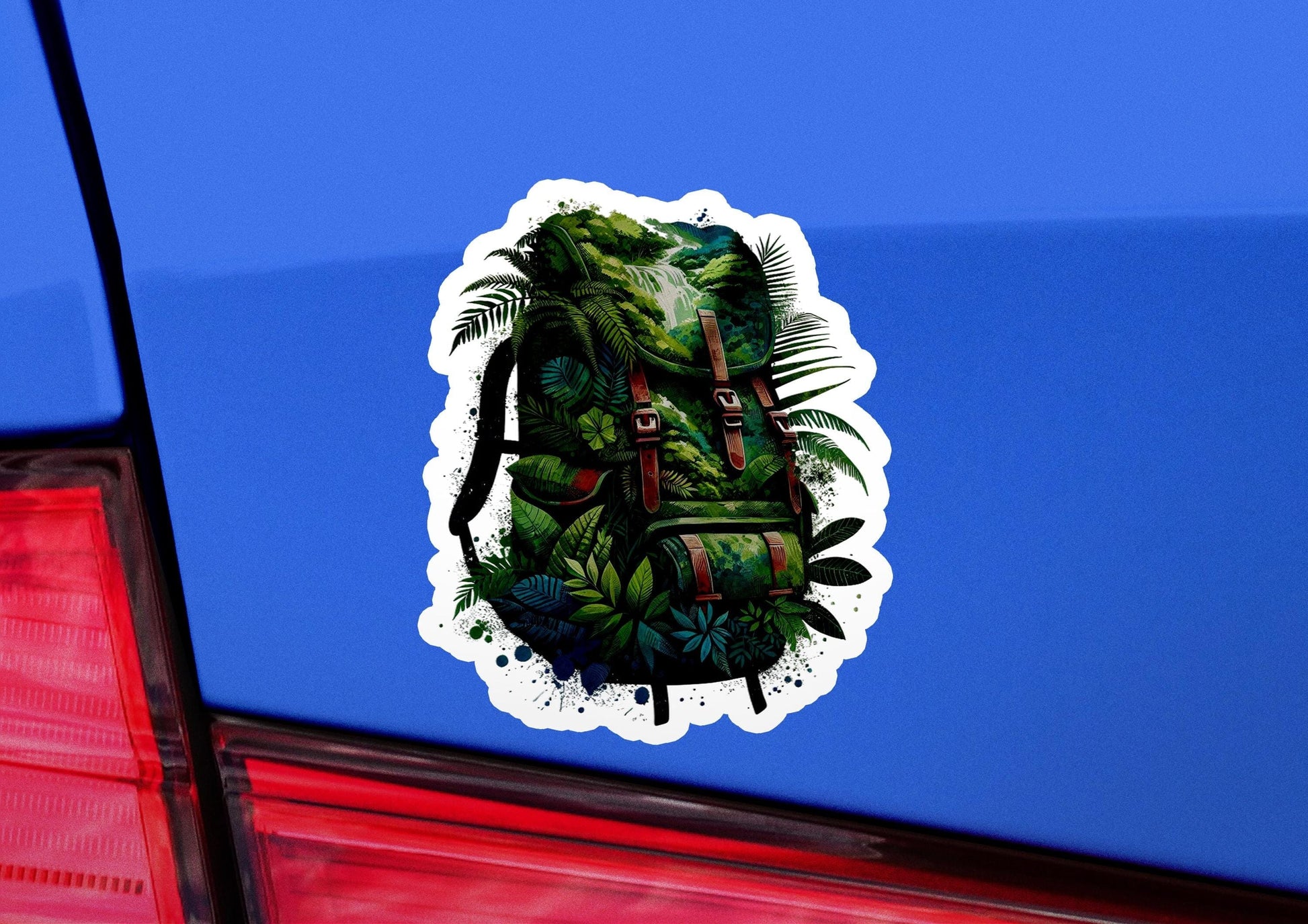 a sticker of a backpack on the back of a car
