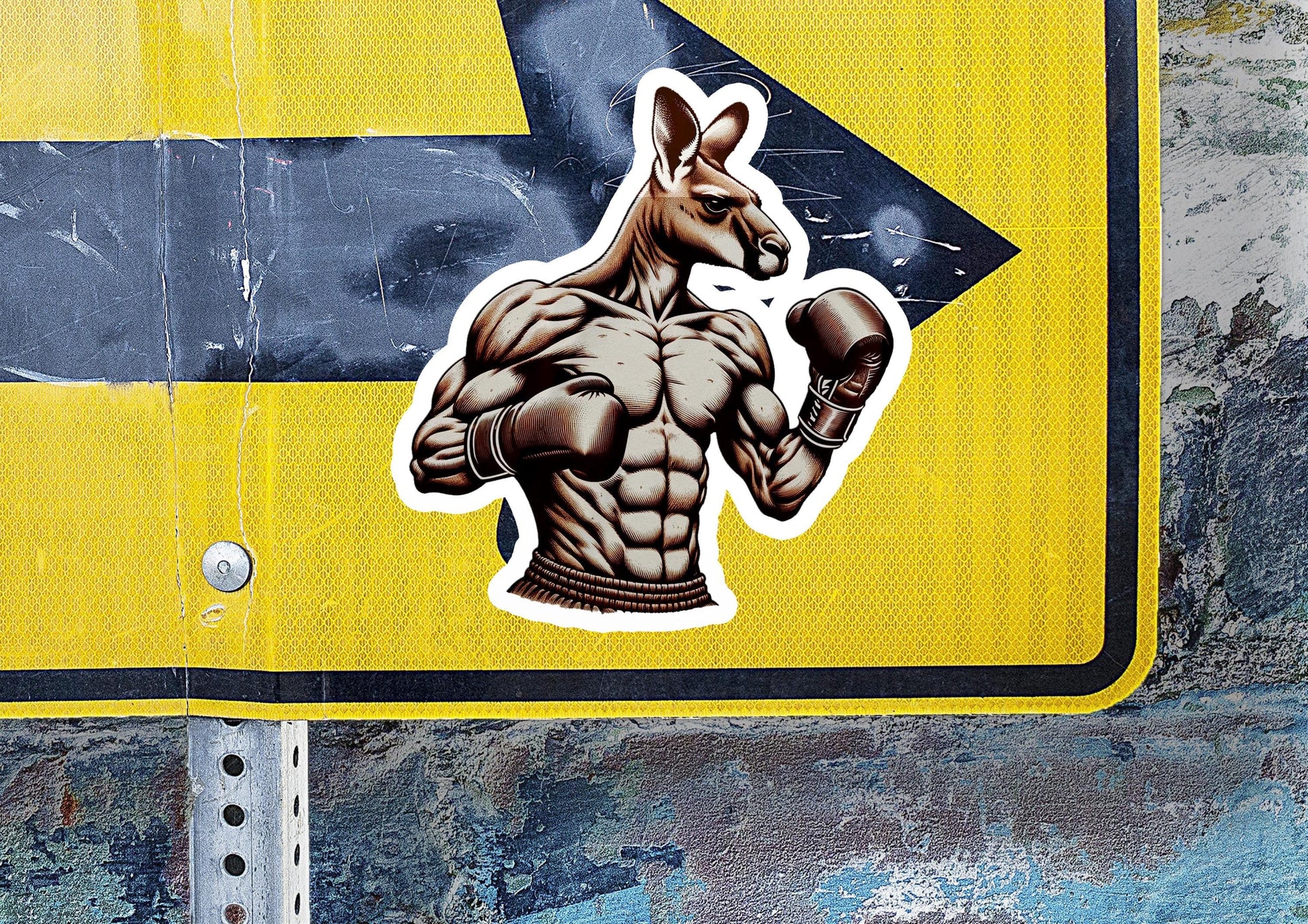 a sticker of a kangaroo on a yellow sign
