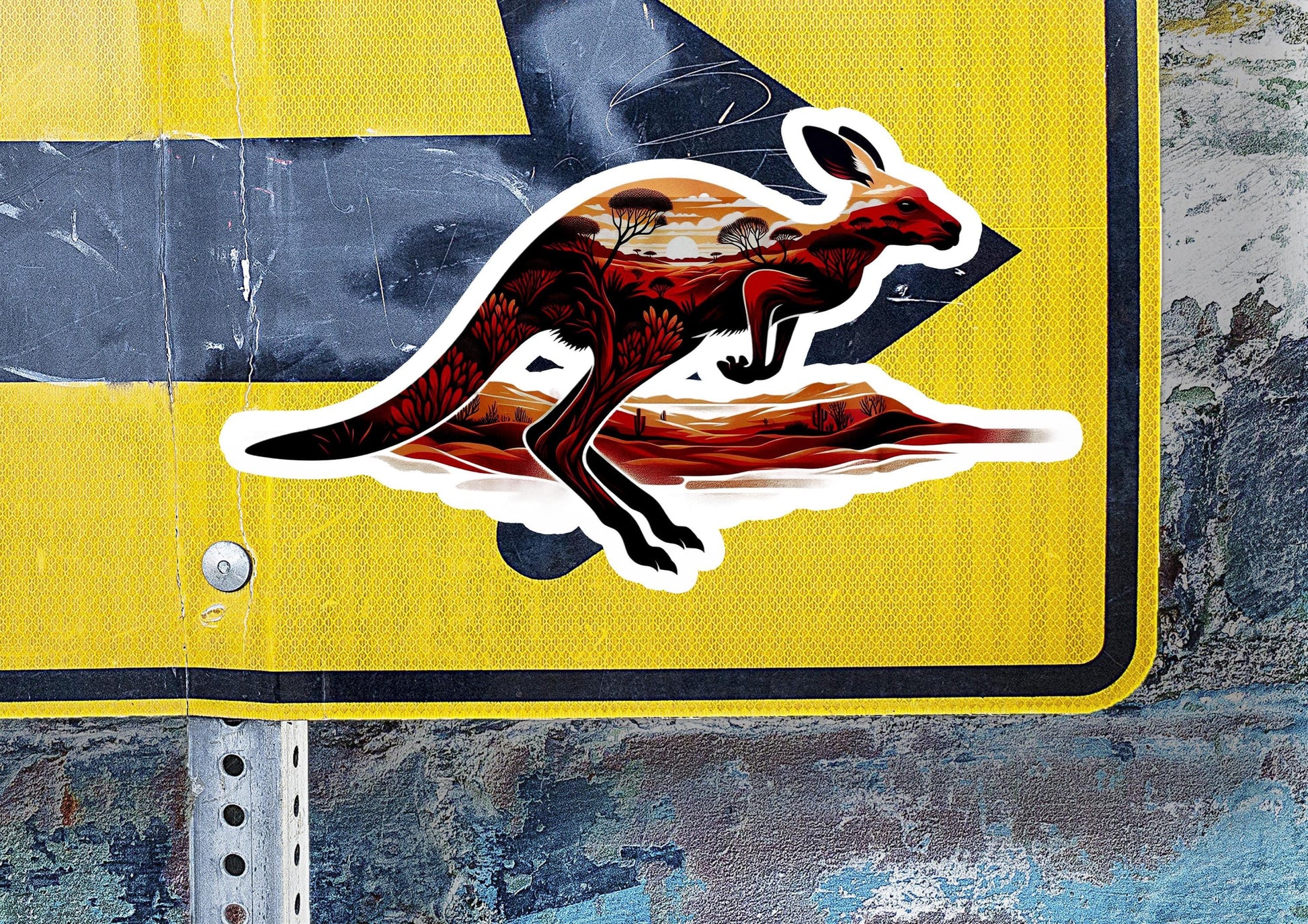 a sticker of a kangaroo on a yellow sign