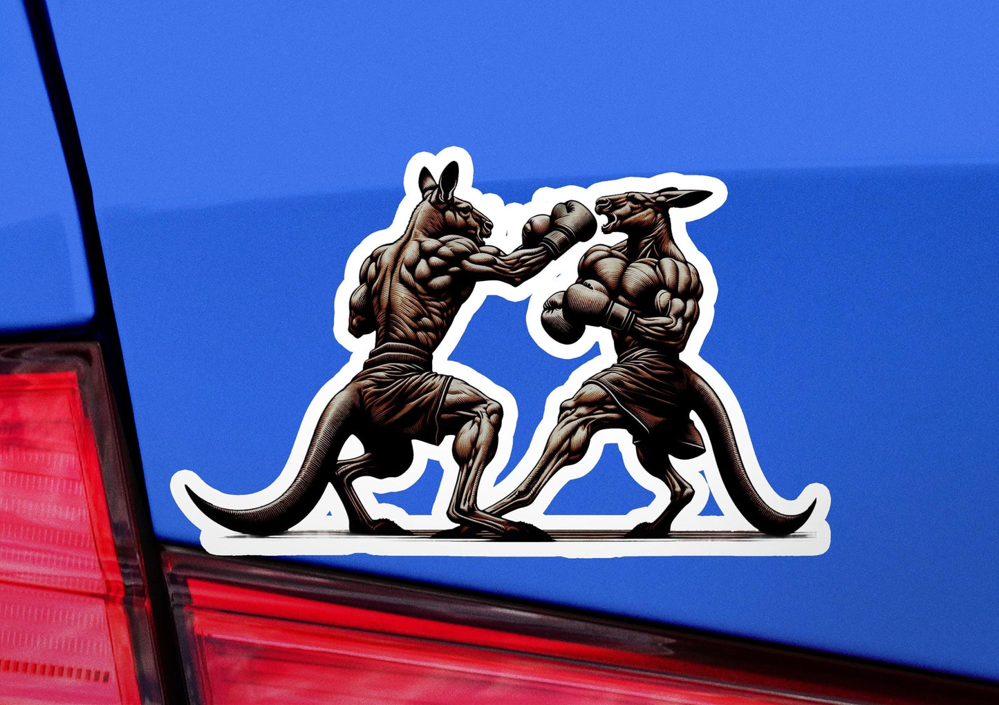 a sticker of two kangaroos on the back of a car