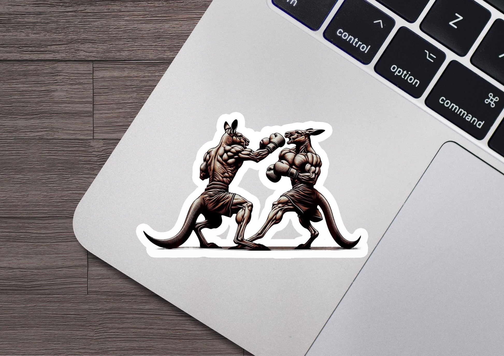 a laptop with a sticker of two kangaroos fighting