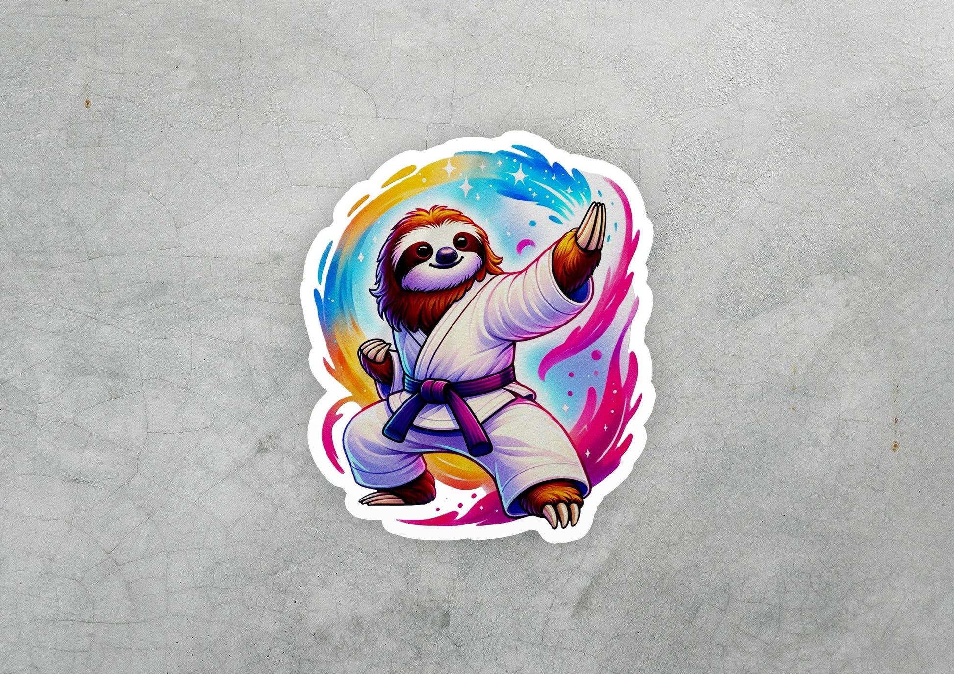 a sticker of a slotty bear doing karate