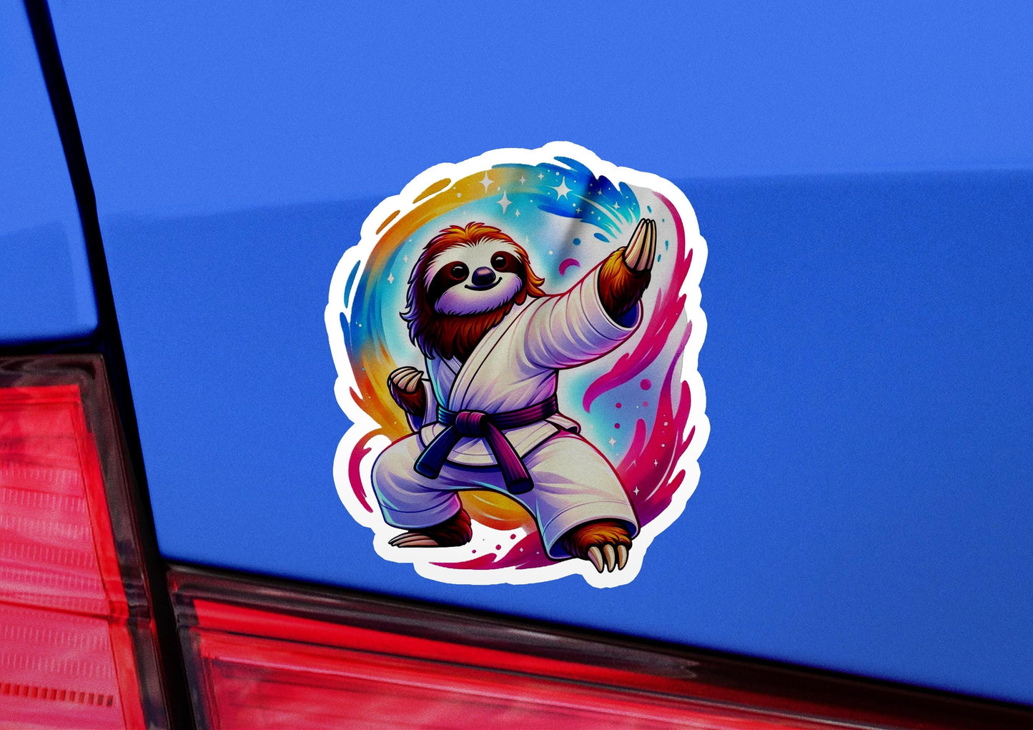 a sticker of a slotty bear doing karate