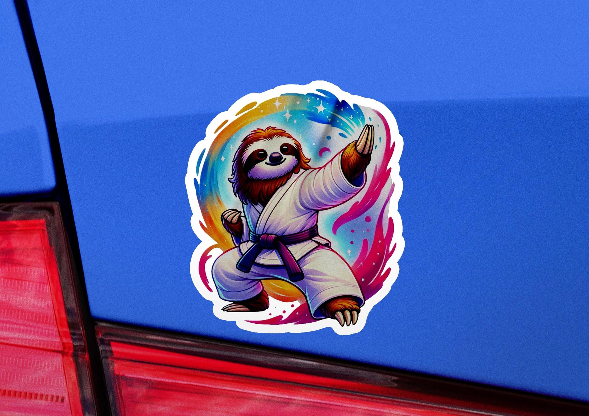 a sticker of a slotty bear doing karate