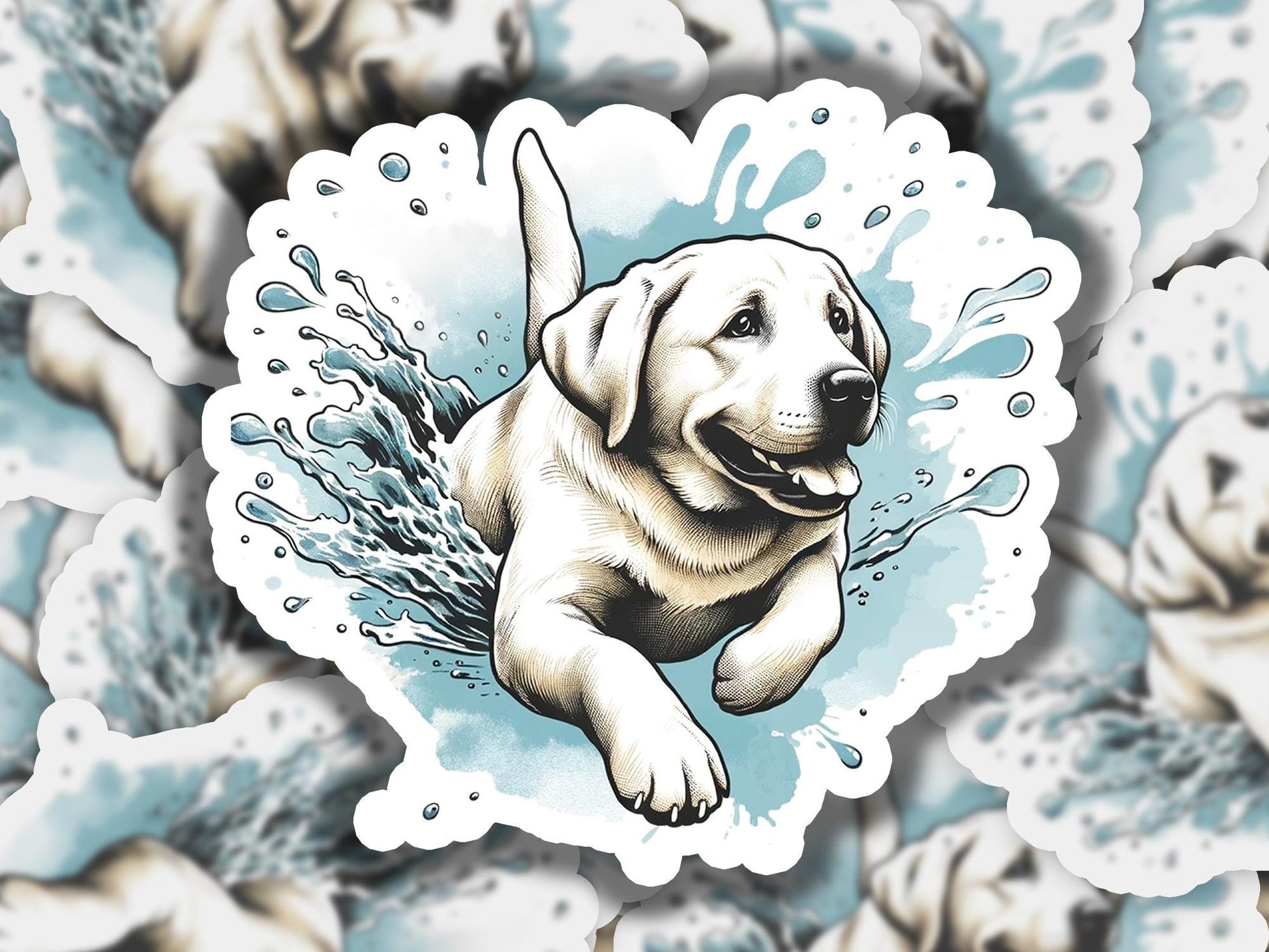 a drawing of a dog with a splash of water on it&#39;s face
