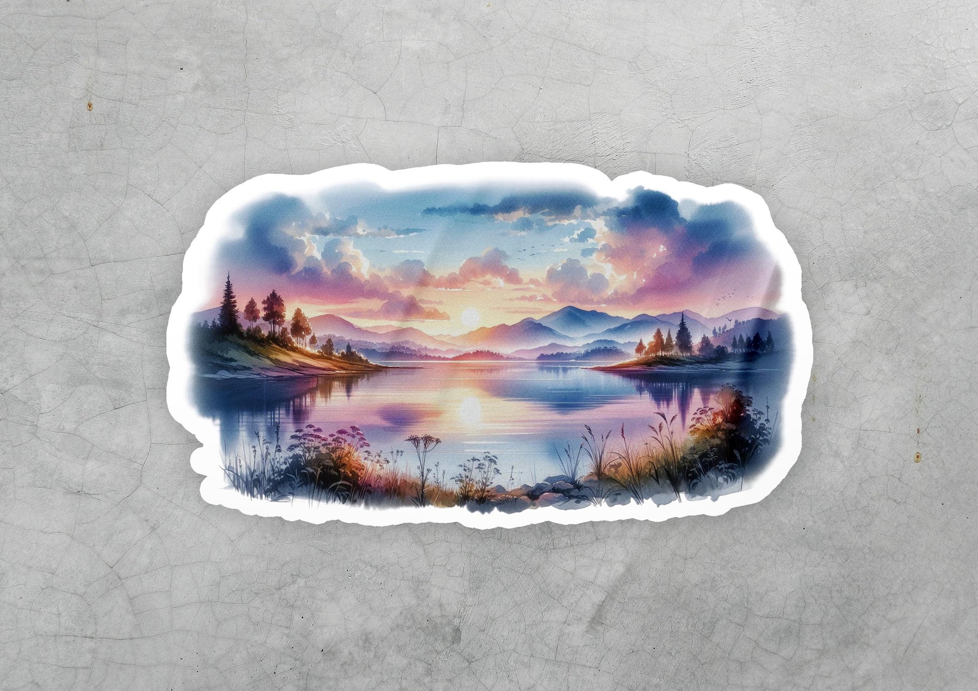 a sticker of a lake with a sunset in the background