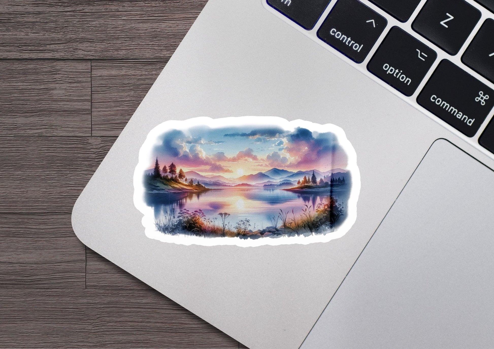 a laptop computer with a sticker of a lake
