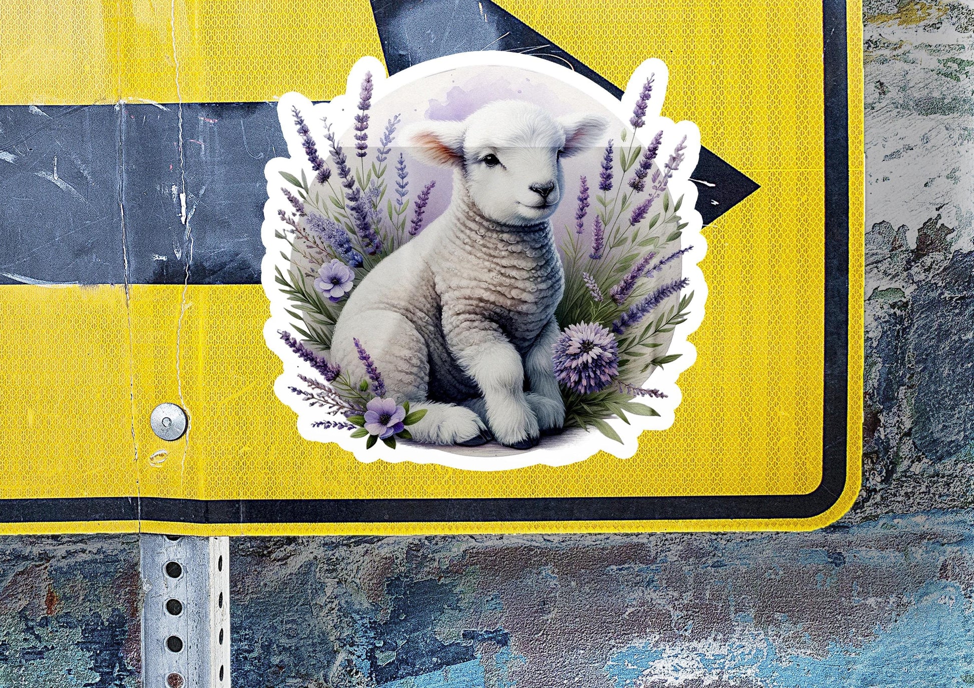 a sticker of a lamb sitting on a street sign