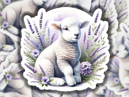 a picture of a lamb surrounded by lavender flowers