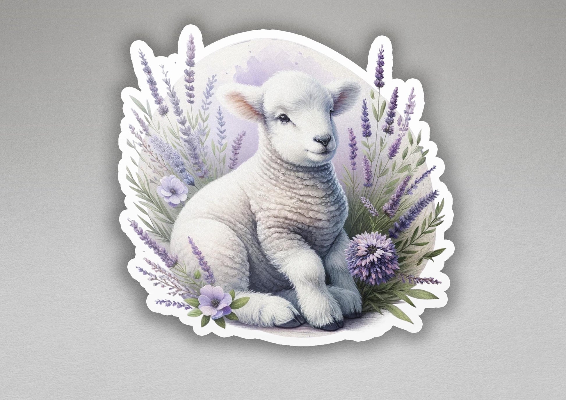 a sticker of a lamb surrounded by lavender flowers