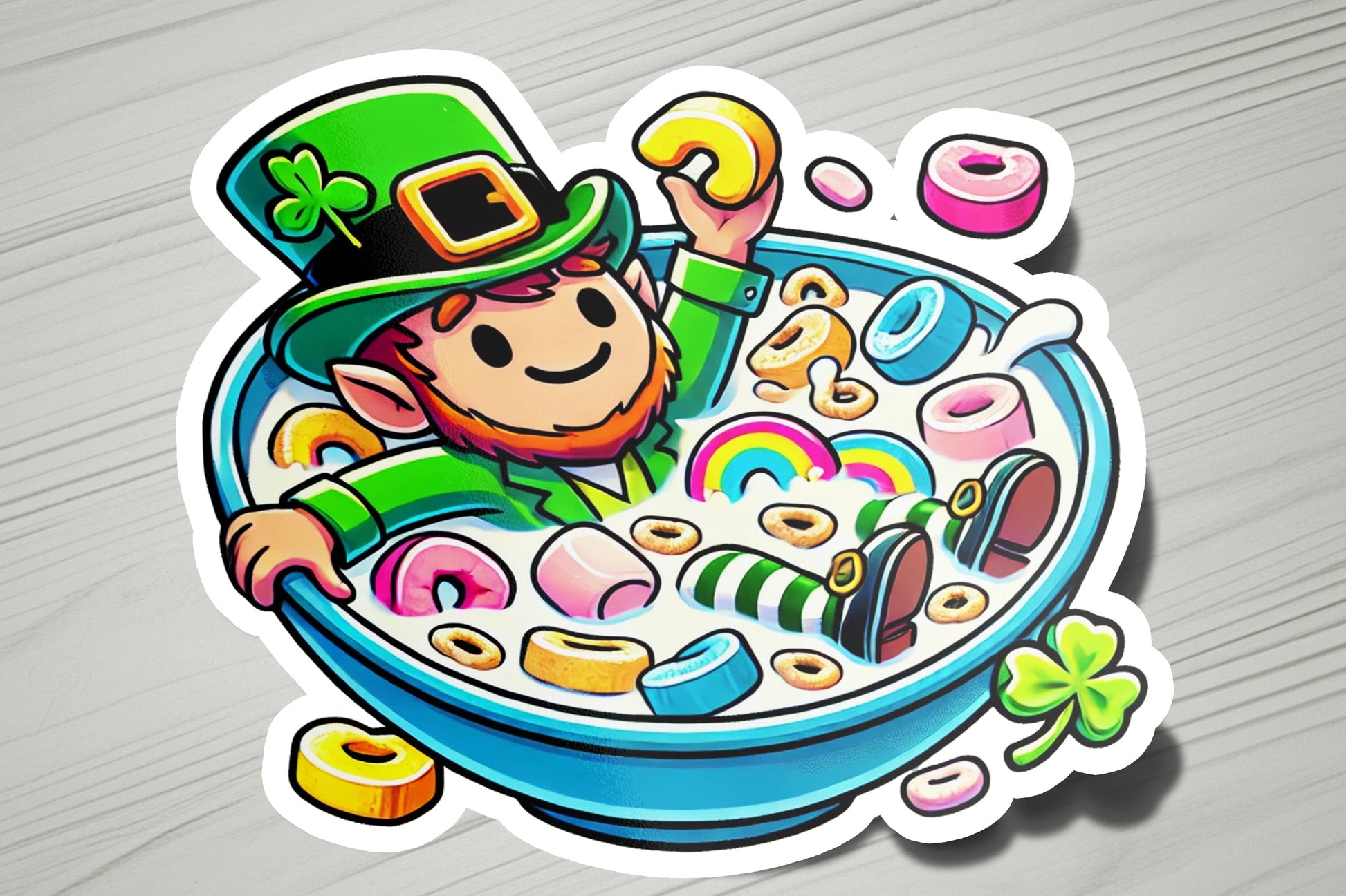 a sticker of a lepreite in a bowl of cereal