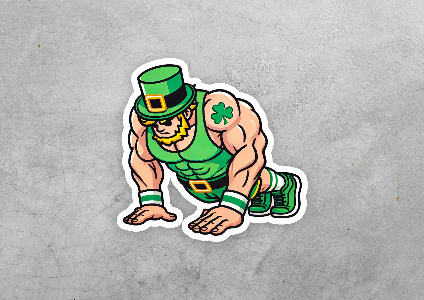 a sticker of a man in a lepreite outfit
