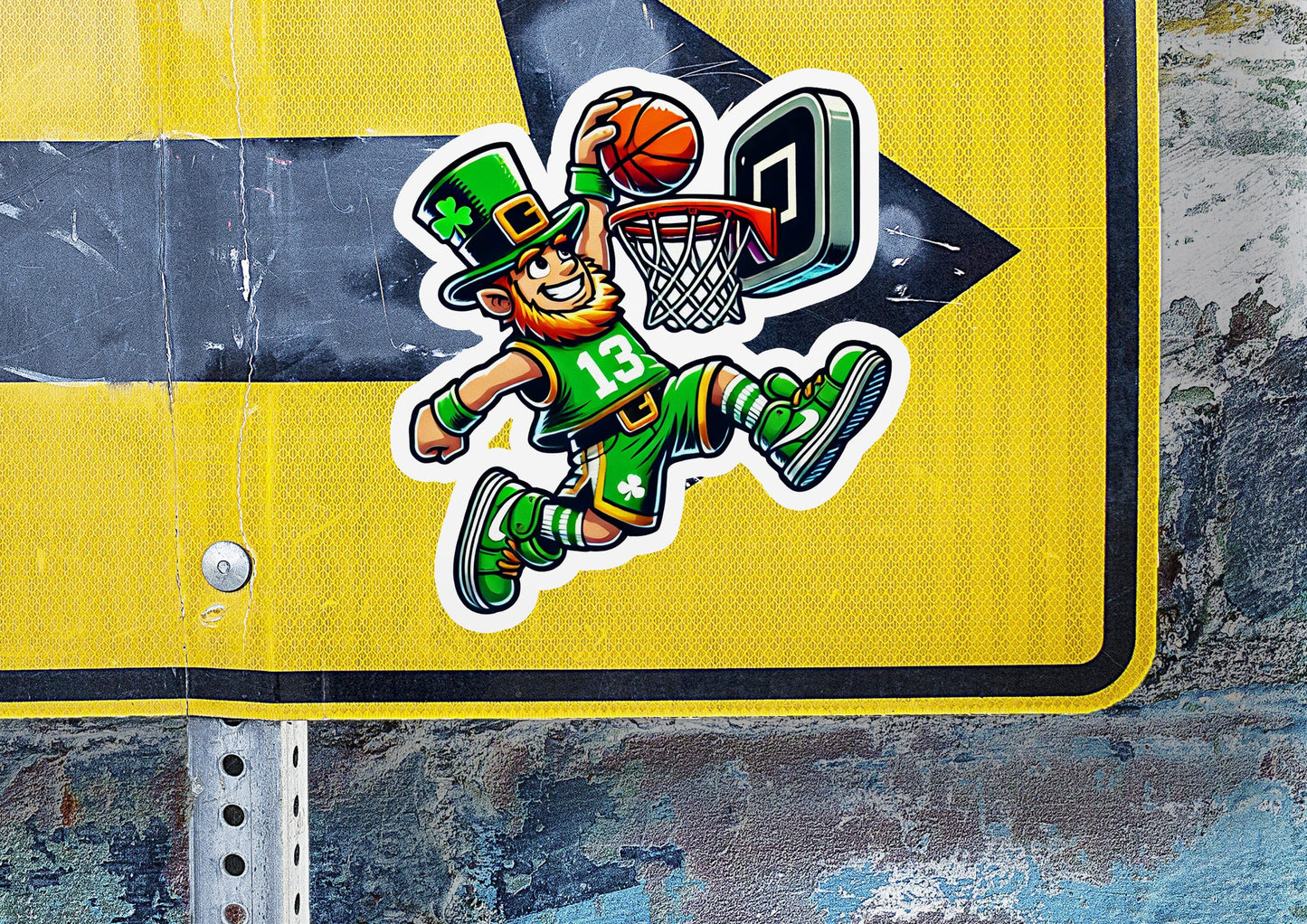 a sticker of a basketball player is on a street sign