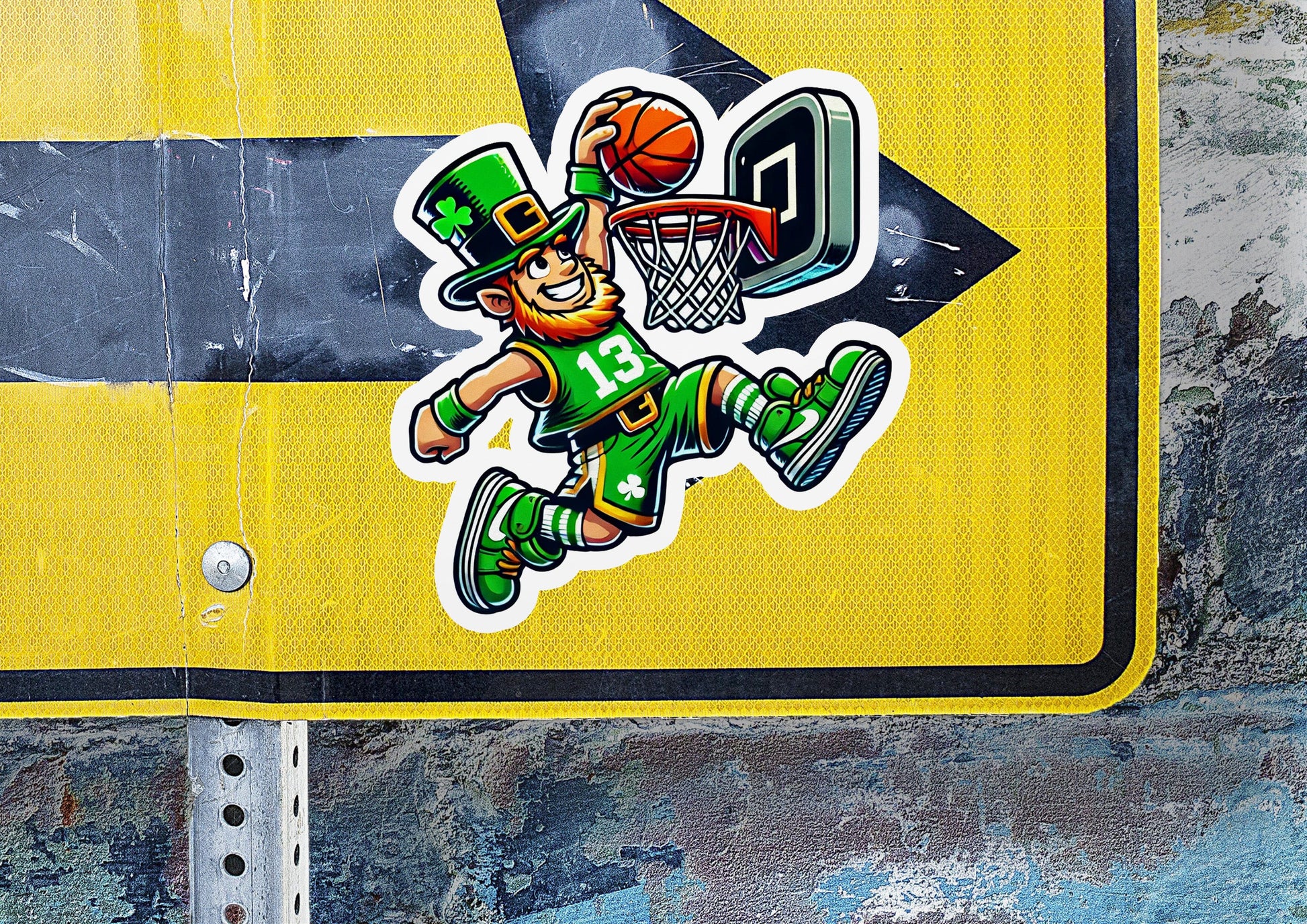 a sticker of a basketball player is on a street sign