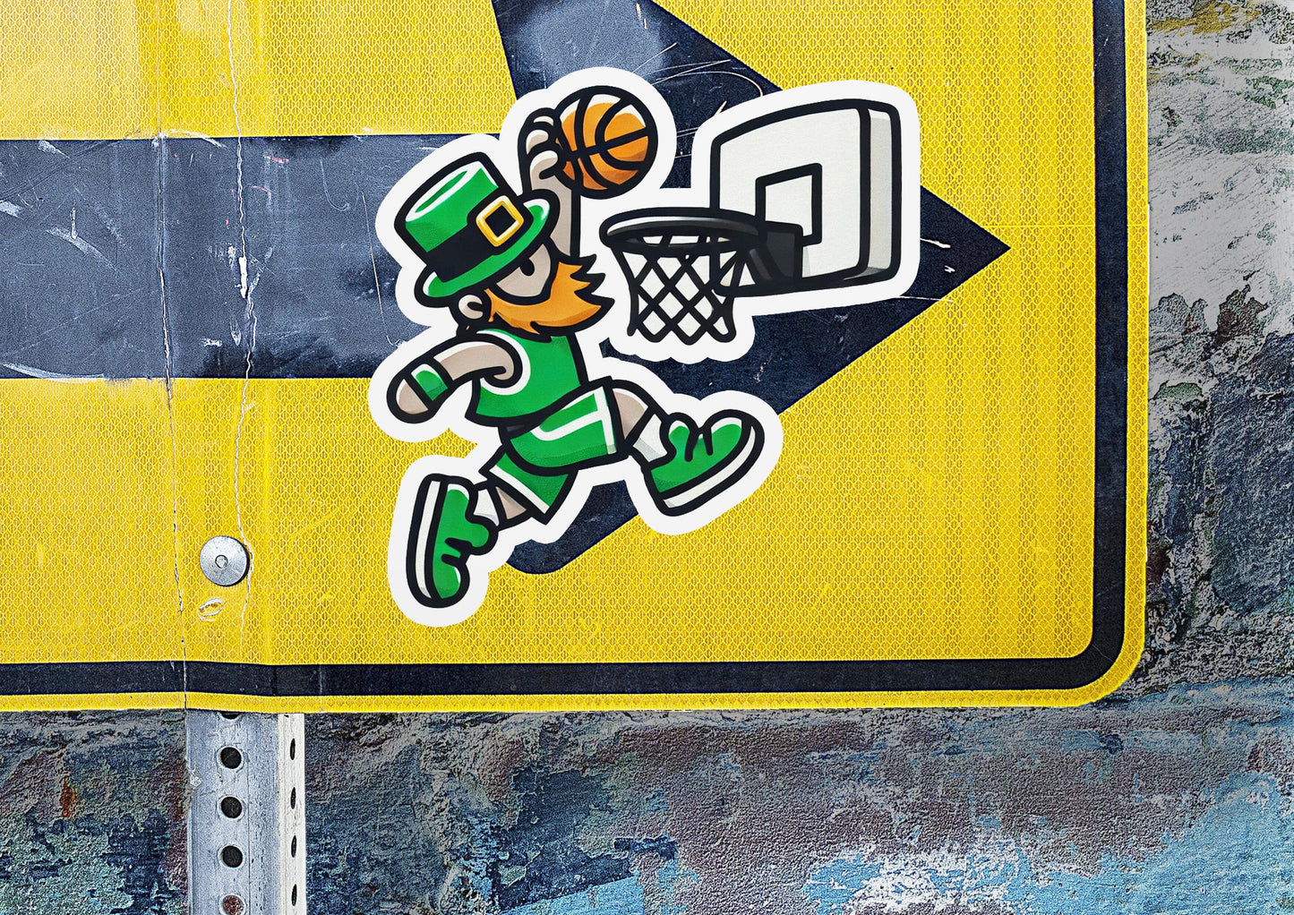 a sticker of a basketball player is on a street sign