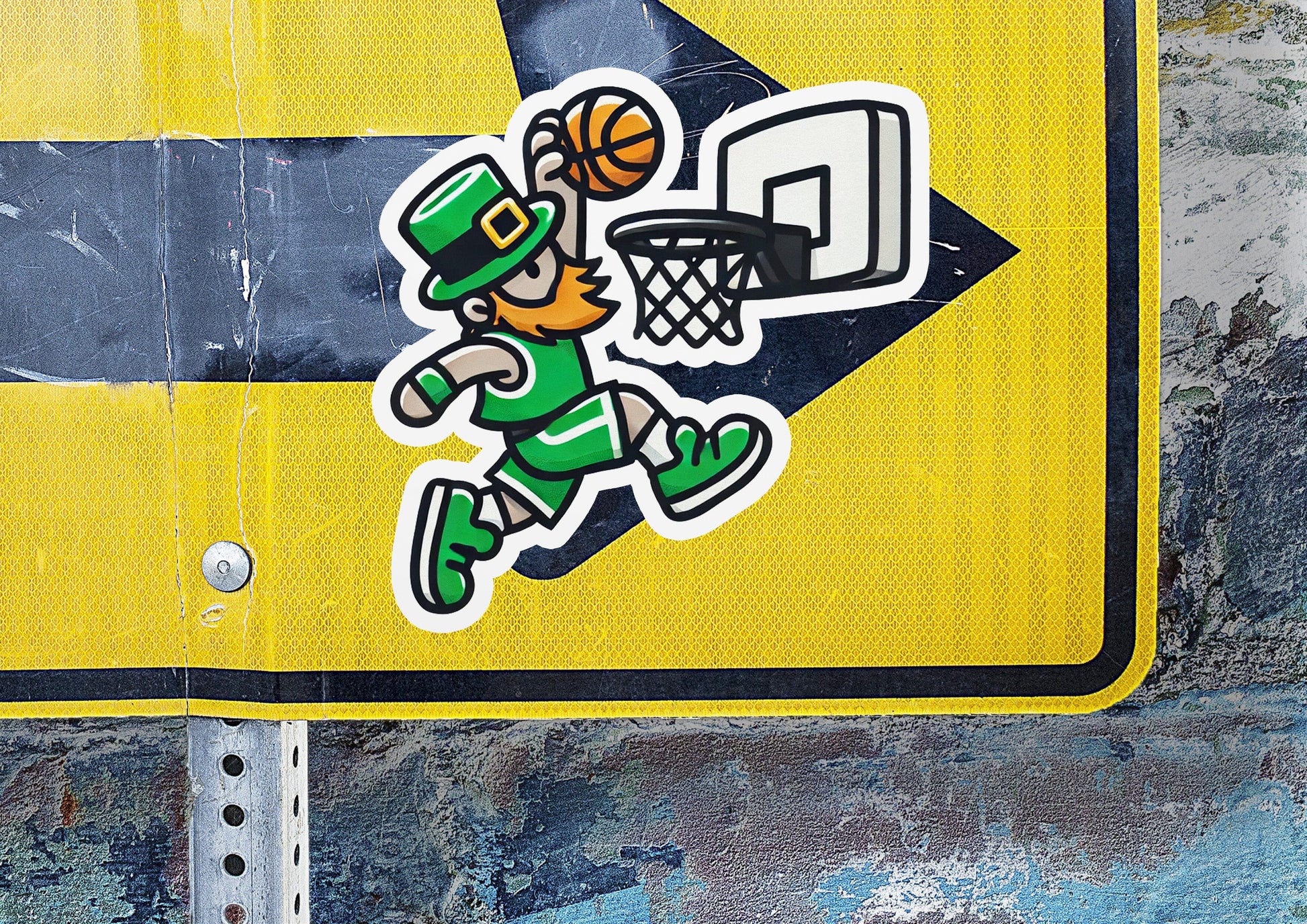 a sticker of a basketball player is on a street sign