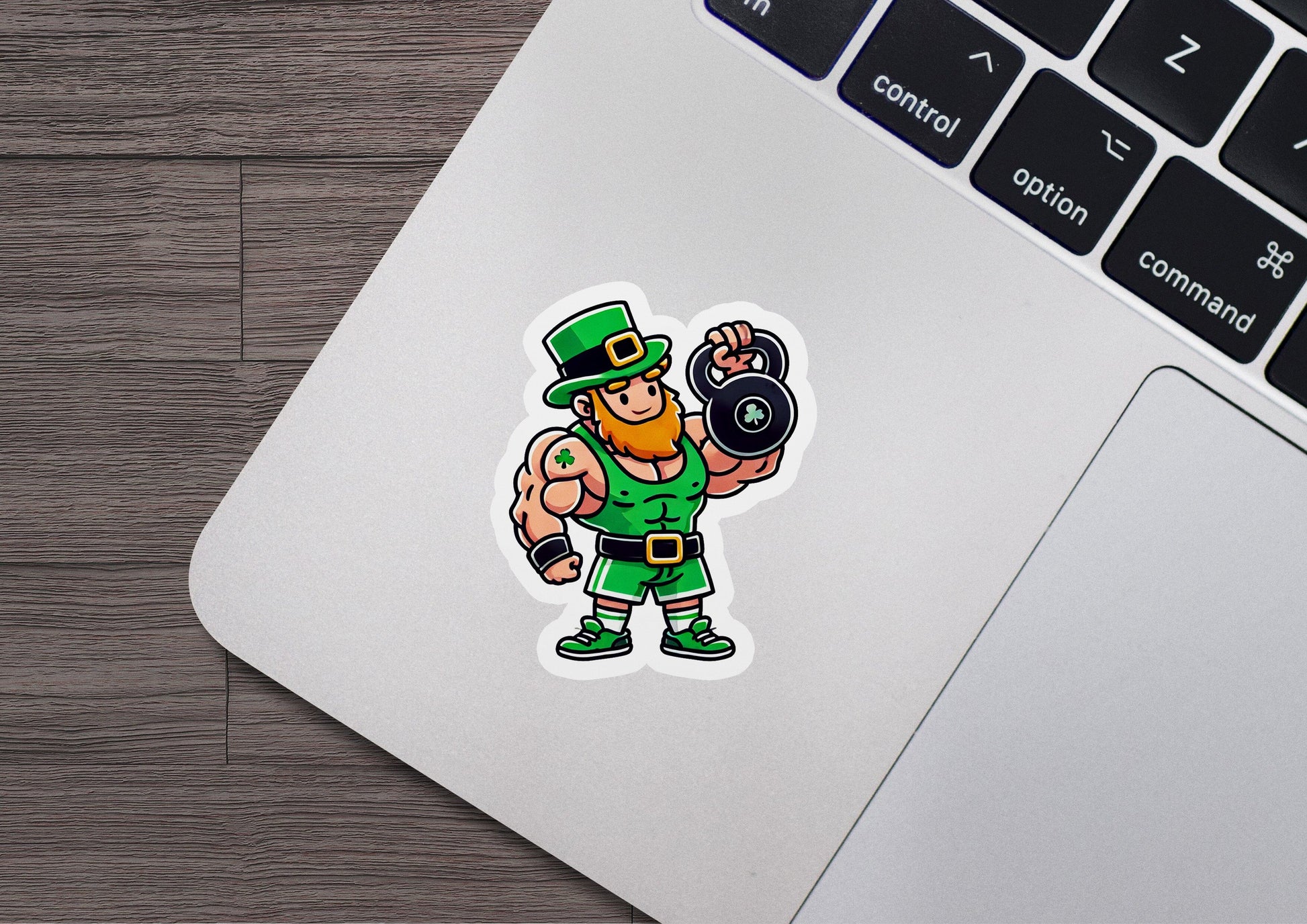 a sticker of a st patrick's leprem holding a barbell