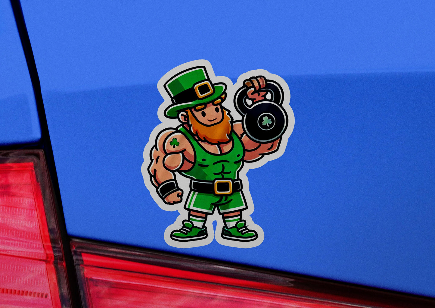 a sticker of a st patrick's lepreite holding a barbell