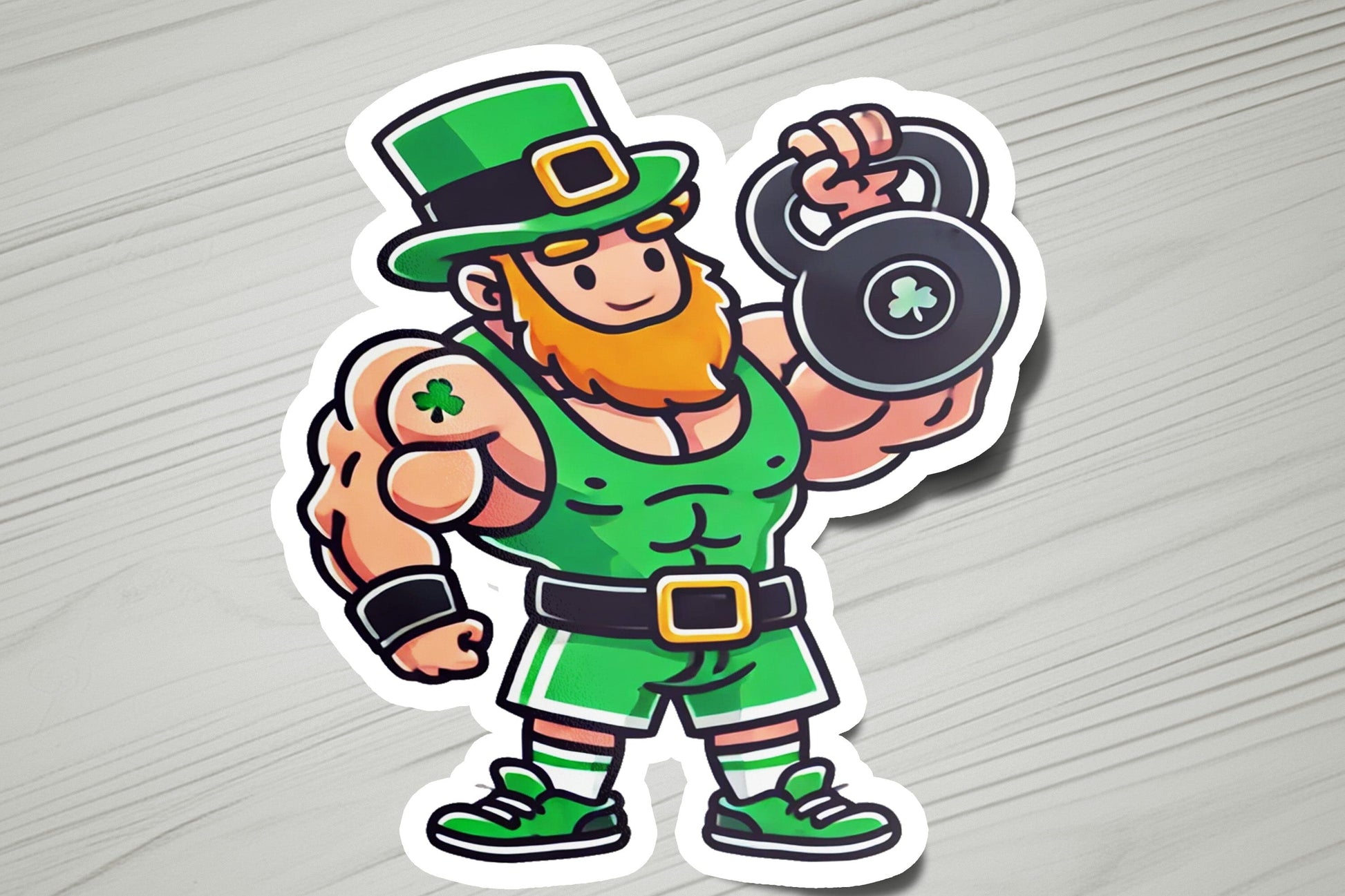 a sticker of a st patrick's day man lifting a barbell